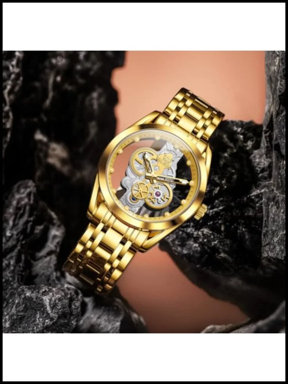 Men's Skeleton Quartz Analog Watch Stainless Steel Waterproof Luminous
